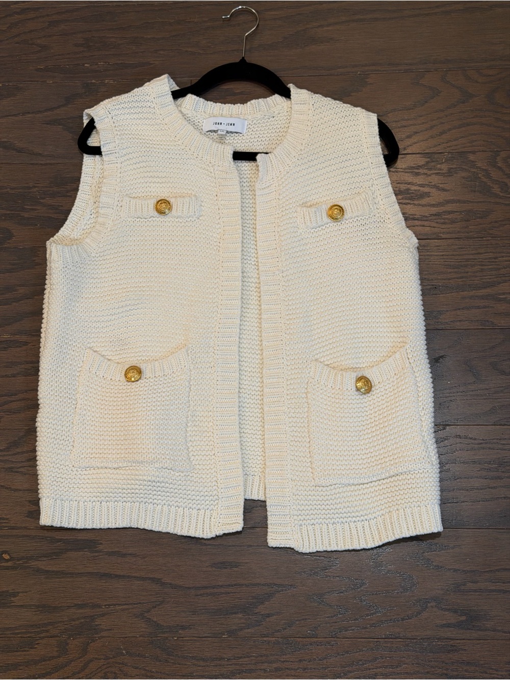John + Jenn Cream Knit Sweater Vest Gold Button Pocket Open Front Size Large - Picture 2 of 8